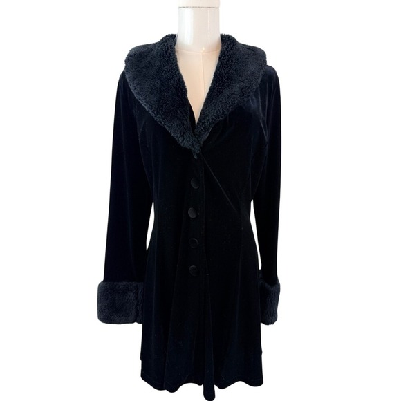 BASIC USA Jackets & Blazers - BASIC USA Whimsigoth Goth Black Velvet Faux Fur Trim Button Front Coat Large